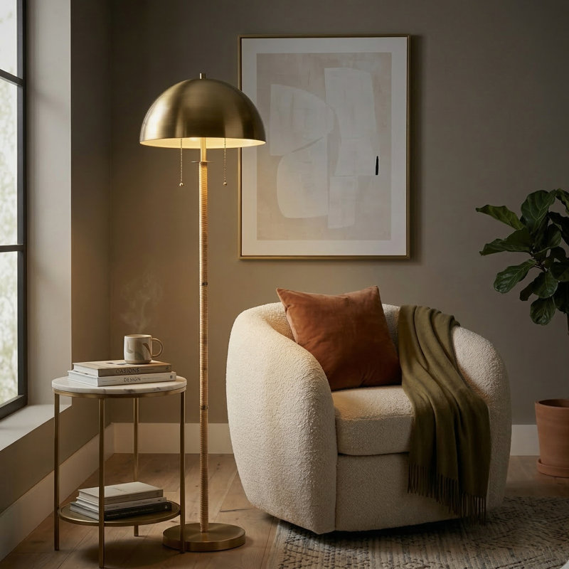 Lampe sur pied 2 lumières en laiton doré 58 po avec accents en rotin naturel Saluzzo