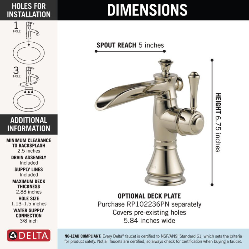 Cassidy™ Single Hole Bathroom Faucet with Drain Assembly, Brilliance Polished Nickel
