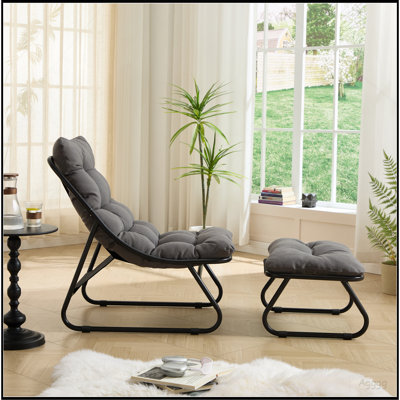 Méridienne d'extérieur pour patio avec repose-pieds, fauteuil inclinable confortable avec coussin gonflable et repose-pieds, idéale pour le salon, la chambre à coucher, la salle de lecture, structure noire avec coussin gris
