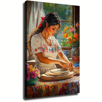 Mexican Kitchen Wall Art - Vibrant Tortilla-Making Canvas Print, Rustic Dining Room Decor, Colorful Floral Artwork for Living Ro