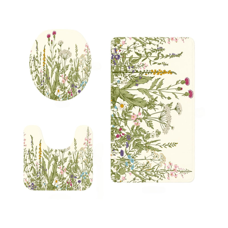 Ensemble de 3 tapis de salle de bain Wildflower, Green Wildflower Meadow