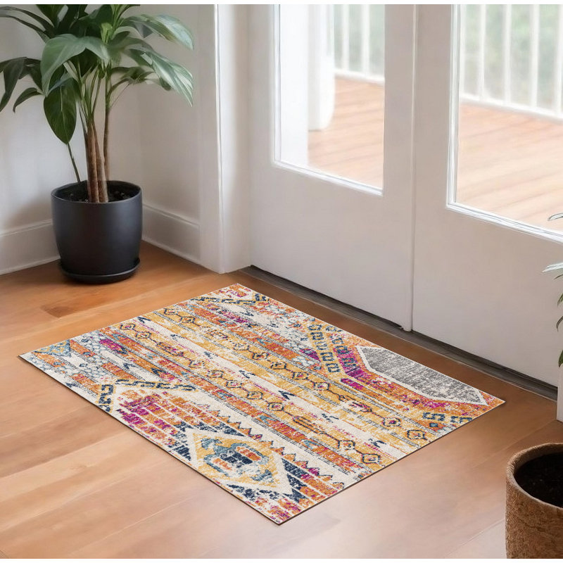 2' X 3' Yellow and Ivory Southwestern Distressed Area Rug