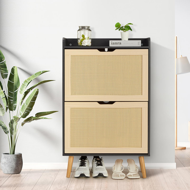 Range-chaussures avec 2 tiroirs rabattables, rangement en rotin naturel tissé à la main, Noir