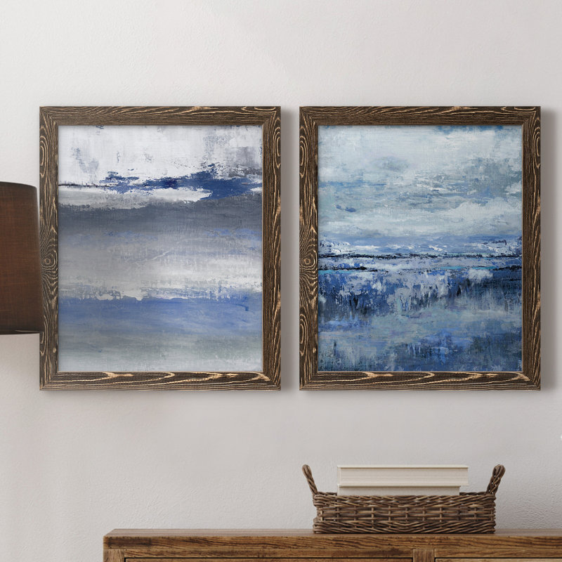 «Soft Solace Indigo», peinture sur toile 2 pièces, Cadre noyer, H 31,5 po x l 47 po x P 1,5 po