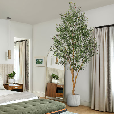8ft Artificial Olive Tree with Natural Wood Trunk, Tall Faux Topiary Plant with Realistic Fruit & Leaves in Sturdy Fabric Pot for Indoor Home Office Decor