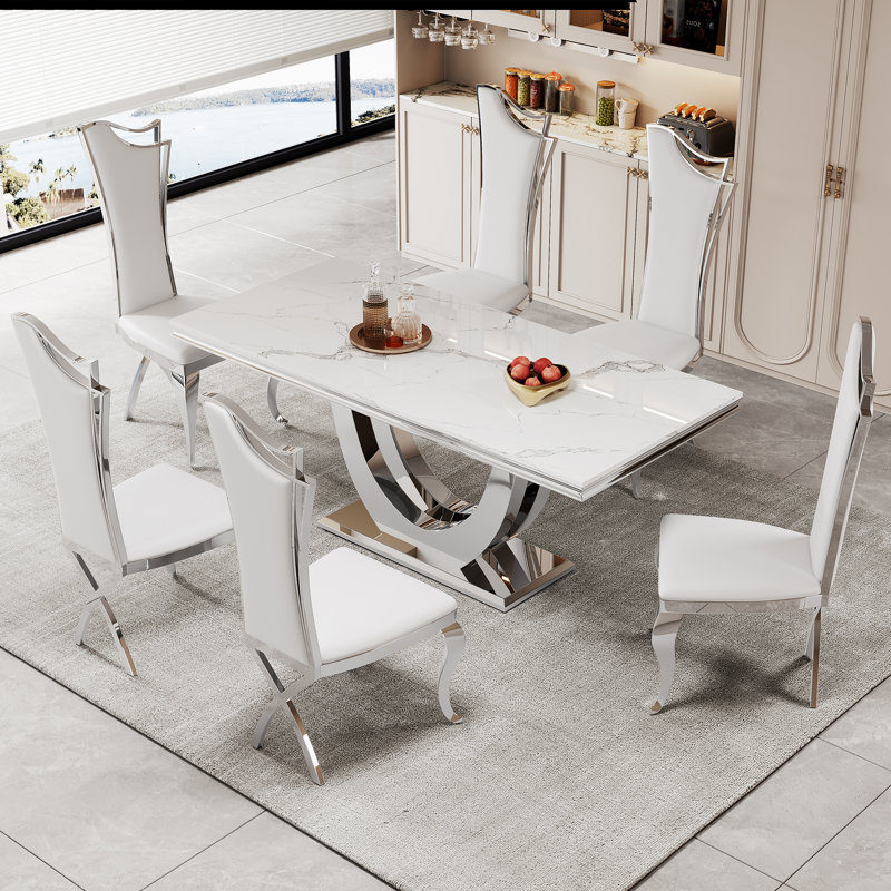 Ensemble de salle à manger 7 pièces 7 pièces, Blanc / blanc / argent