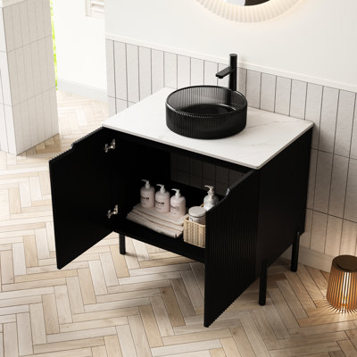 Meuble-lavabo de 30 po avec lavabo en verre noir transparent, comptoir en pierre frittée, 2 portes, fermeture en douceur, look scandinave contemporain pour la salle de bain, meuble-lavabo autoportant sans robinet, blanc