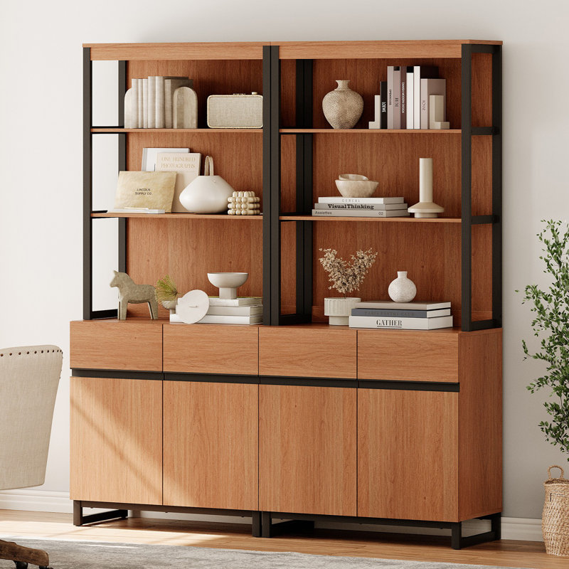 Aadam  2 PCS Modern 72" Tall Bookcases With Metal Base And Adjustable Shelves, Library Book Shelf With Storage Cabinet And Open Book Shelfs, Wood Bookshelves For Home Office, Living Room