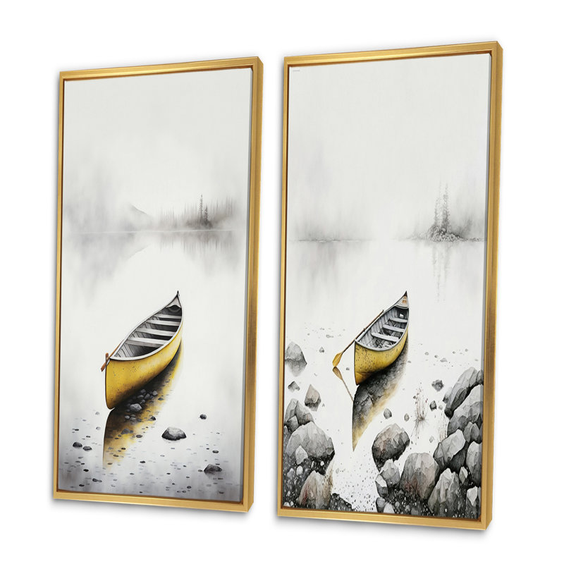 «Yellow Canoe On The Lake», 2 pièces sur toile, Encadrement doré, H 20 po x l 24 po