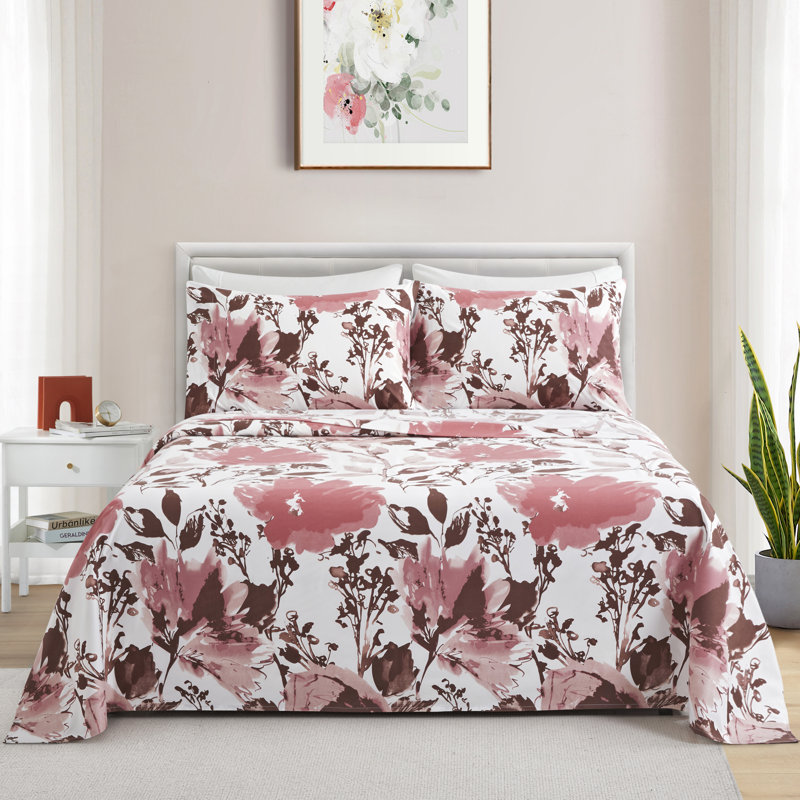 Marina Decoration Home Decor Bedding Bedroom Bedsheet Soft Silky Deep Pocket Rayon from Bamboo All Season 6 Pieces Printed Sheet Set with 4 Pillowcases, Pink Red Floral Pattern Queen Size