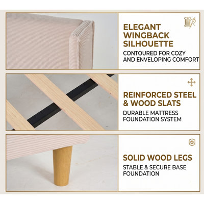 Janine Corduroy Upholstered Wingback Bed with Slat Kit and Solid and Manufactured Wood Frame