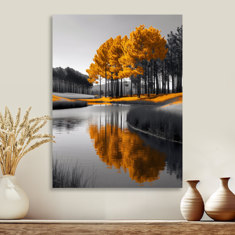  Forêt d'automne au bord du lac, H 32 po x l 16 po x P 1 po, Métal métal