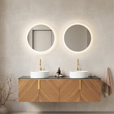 60" Bathroom Vanity with Sinks, Floating Wall-Mounted Plywood Bathroom Storage Cabinet with 4 Doors, 2 White Round Ceramic Basins and Black Sintered Stone Countertop, Brown