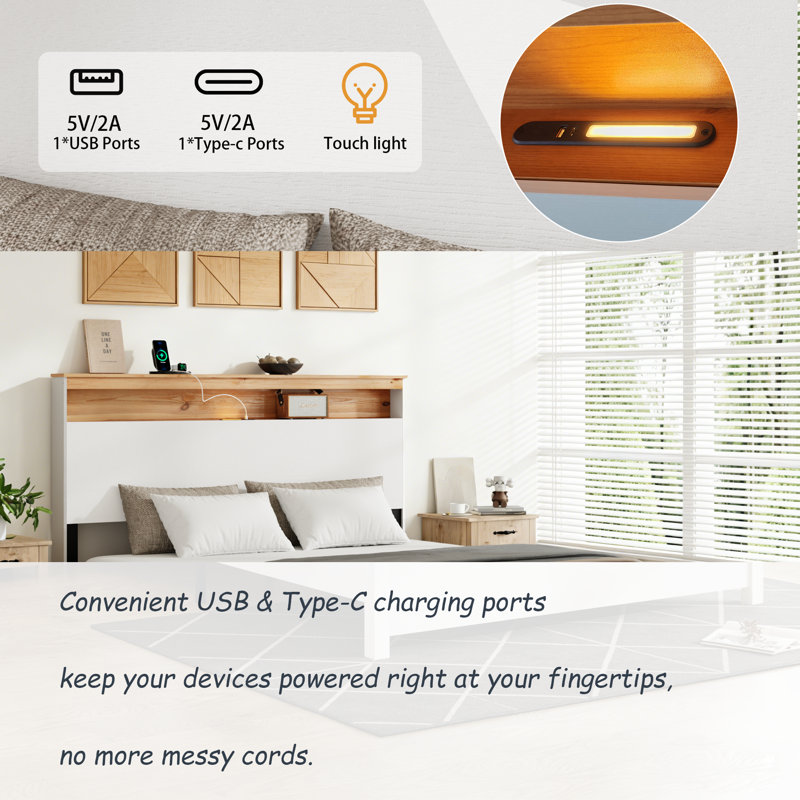 Platform Bed Frame with charging station, Queen