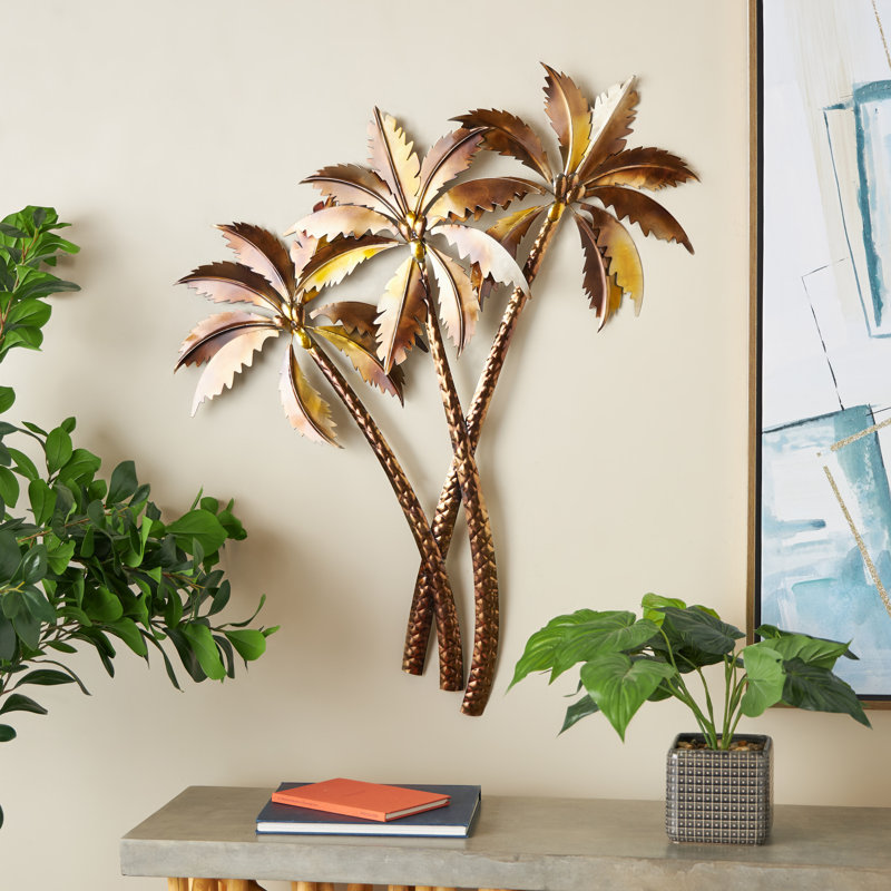 Stainless Steel Metal Slanted Tree Copper Home Wall Decor With Bronze And Yellow Accents