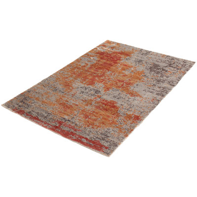 Tapis gris unique en viscose noué à la main style années 2010 4 pi 11 po x 7 pi 4 po Suazo