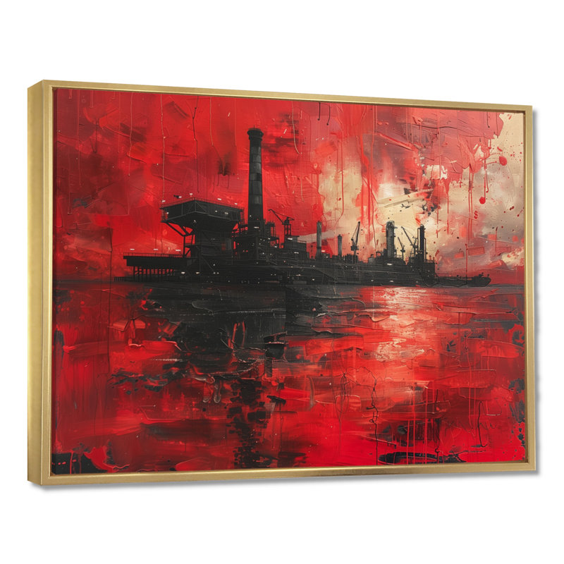 Red Black Petrochemical Pulse Oil Rig - Oil Rigs / Fields, art mural, Toile avec cadre flottant or
