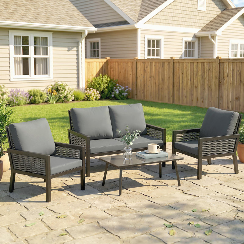 Rattan Sofa Set, Grey Cushion/Dark Grey Frame
