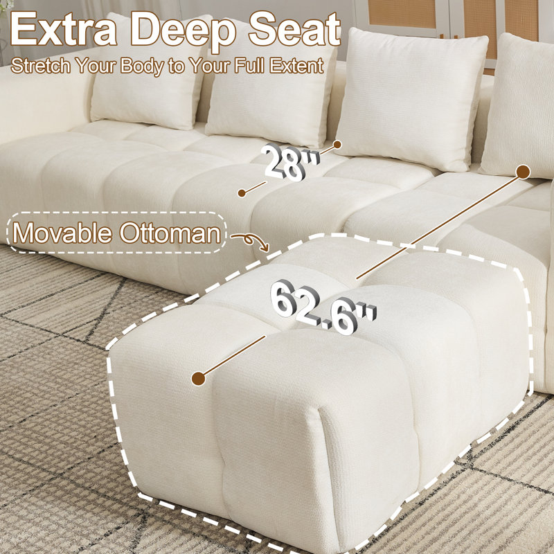 Modular Chenille Cloud Boneless Sofa, 3-Piece L-Shape Sectional with Ottoman, No Assembly, White Chenille