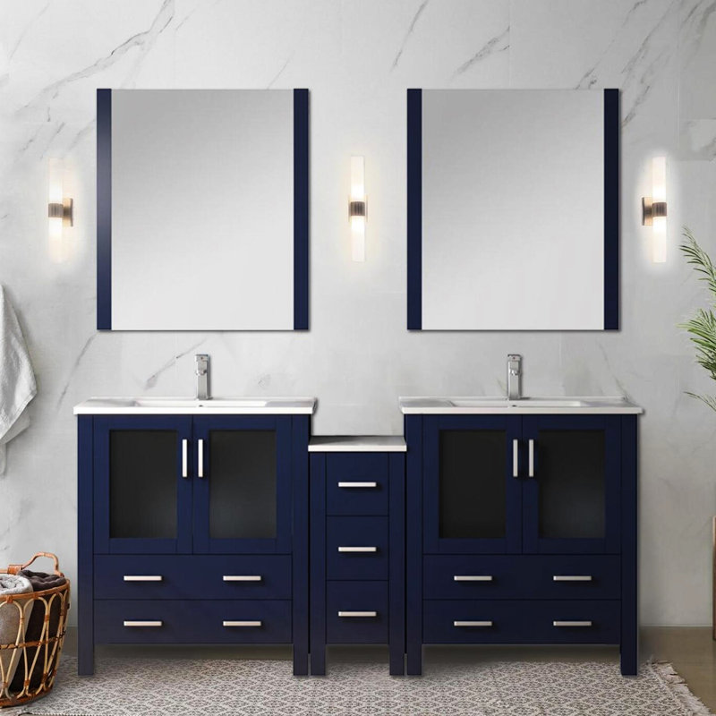 Montagu bleu marine de 72 po Montagu Meuble-lavabo double pour salle de bain, armoires latérales, comptoir en céramique, 28 miroirs, mécanisme de fermeture en douceur, salle de bain avec fermeture en bleu, deux armoires et sept tiroirs de rangement