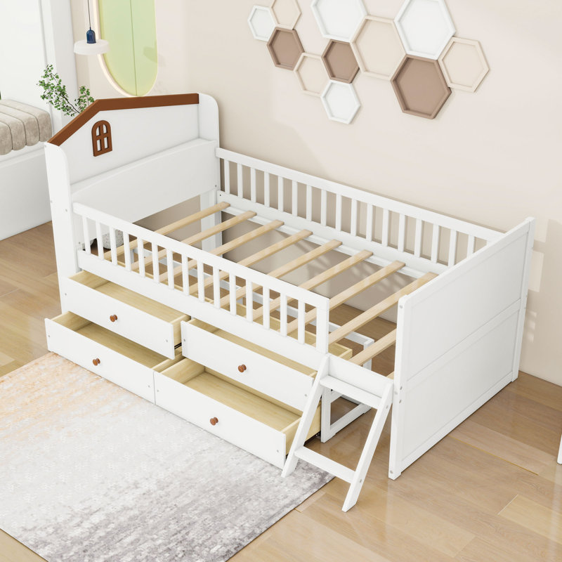Lit simple avec 4 tiroirs et garde-corps, Blanc