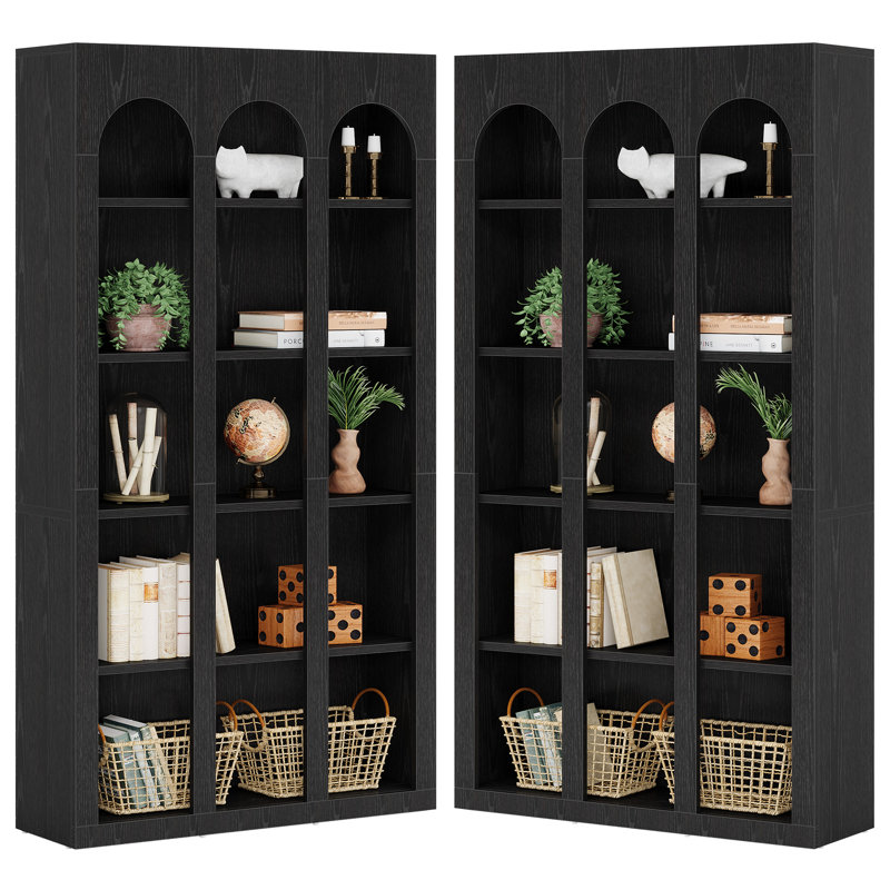 Set of 2 Modern 5-Tier 70.87-Inch Wood Farmhouse Home Office Bookshelf Bookcase Open Large Storage 2PCS！, Black