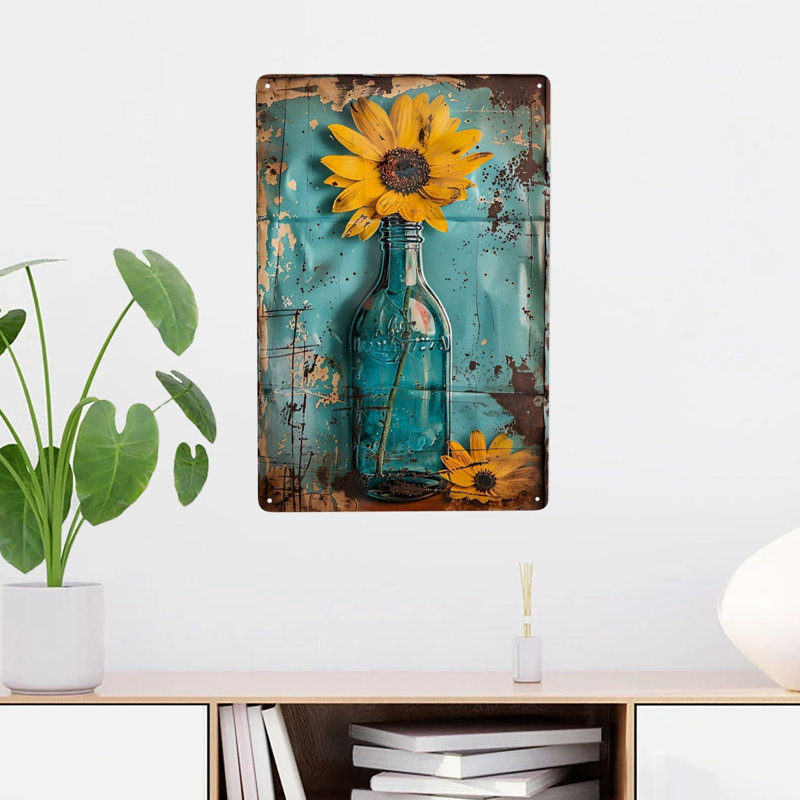 Signe d'art rétro en métal tournesol rétro en étain, 12 x 8 po