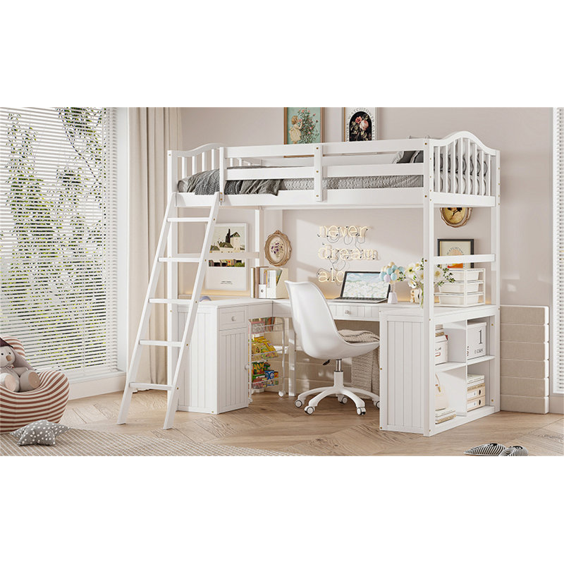 Lit mezzanine simple avec tiroirs, armoire, tablettes et bureau, lit mezzanine en bois avec bureau