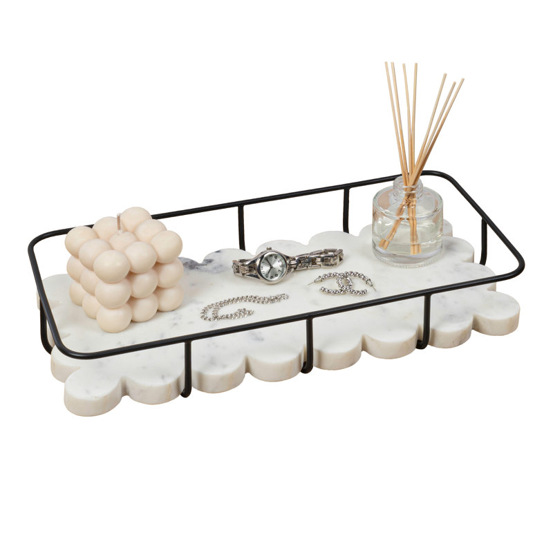 Monarch 12" x 6" Modern Industrial Metal/Marble Scalloped Base Vanity Tray, White Marble/Black