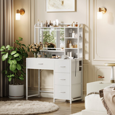 35.4" Vanity Desk with Mirror & LED Lights, Makeup Table with 4 Fabric Drawers for Bedroom Storage