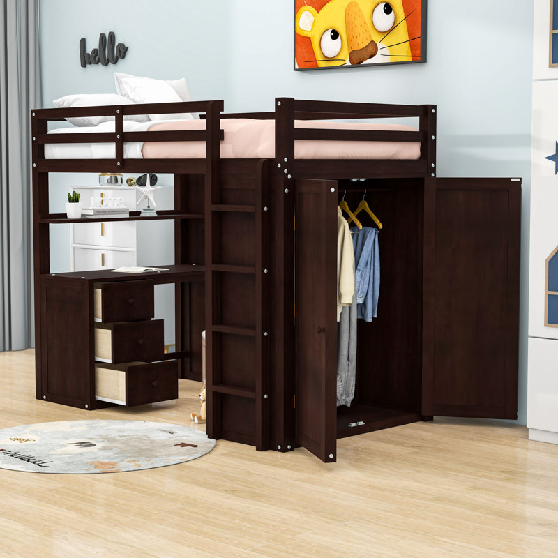 Lit mezzanine avec tiroirs Heathyr Kids, Espresso, Lit simple