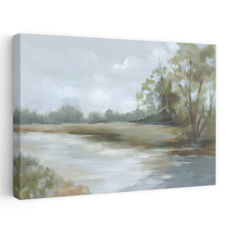 Tranquil Riverbank Reflections Abstract Contemporary Landscape Nature, art mural, H 40 po x l 60 po