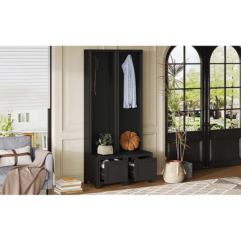 Elegant Free Standing Hall Tree Set of 2, Multifunctional 3-IN-1 Entryway Coat Rack with Black Retro Handles, Seating Bench with Storage Drawers for Hallway, Living Room, White