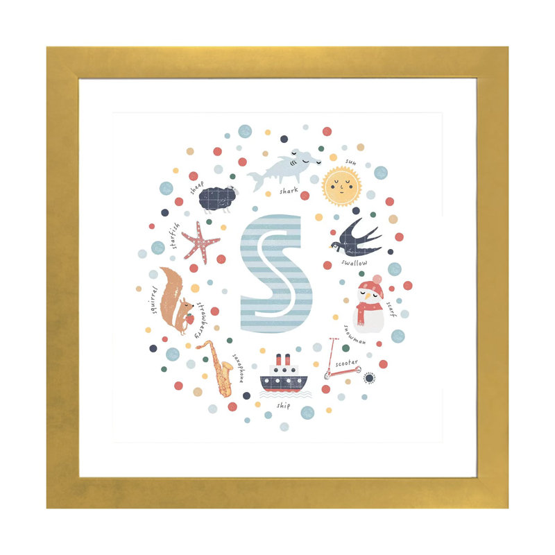 Lettre illustrée bleue - reproduction, Papier encadré doré, Blanc, H 24 po x l 24 po x p 1 po