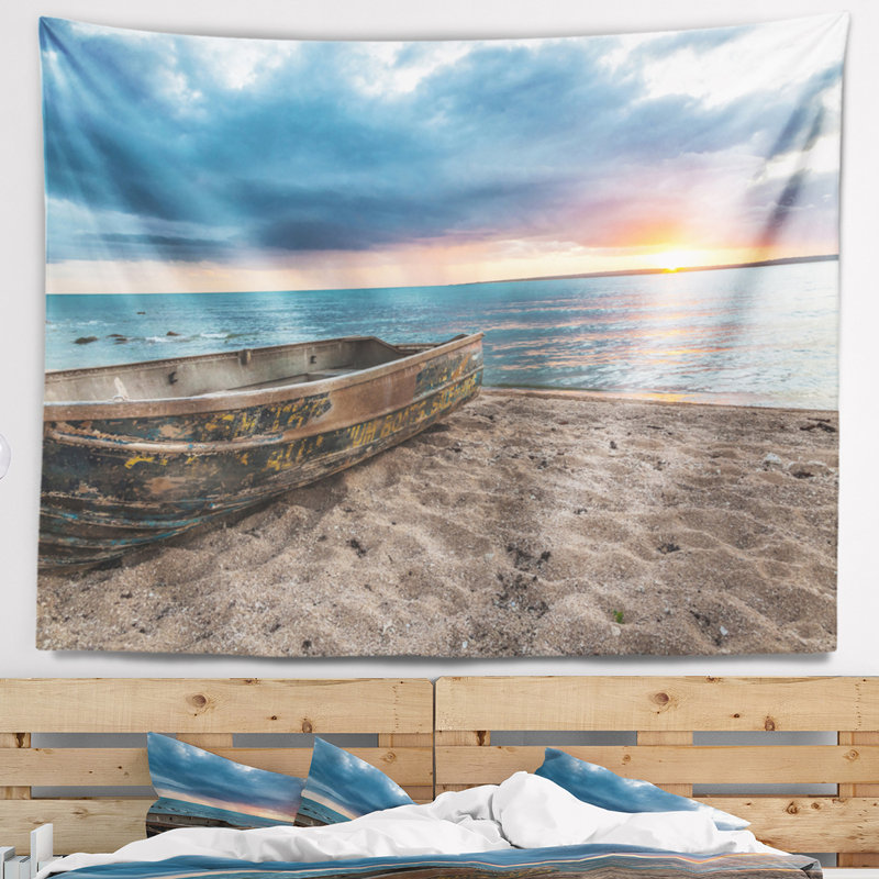 Tapisserie de paysage marin rouillée sur le sable au coucher du soleil, H 32 po x l 39 po
