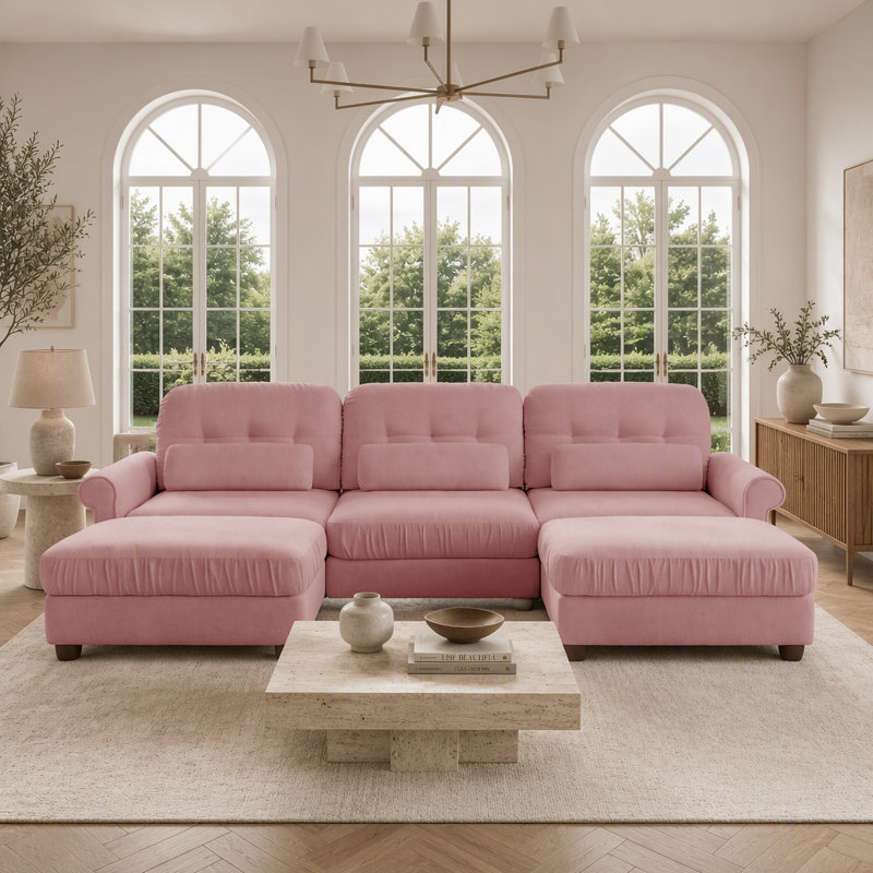 Canapé d'angle modulaire 3 places en chenille en forme de U avec 2 poufs, Chenille rose