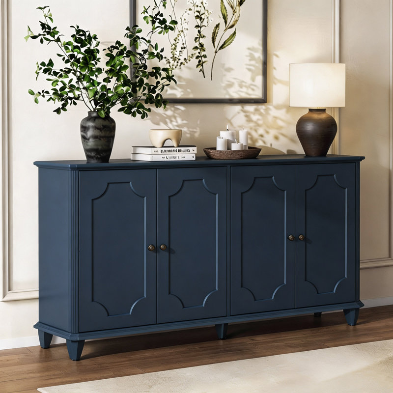 Buffet/meuble de rangement incurvé à 4 portes de 160 cm (62,99 po) au style vieilli, idéal pour l'entrée, le salon ou la cuisine.