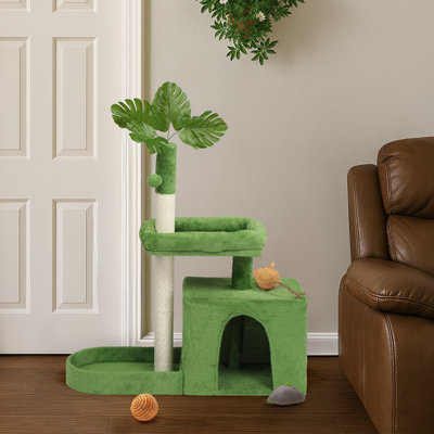 Arbre à chat vert 36 po avec feuilles, tour pour chat à plusieurs niveaux (l 31,1 po x l 11 po x H 36,2 po) - Idéal pour les chatons / chats d'intérieur, condo confortable + lits rembourrés, poteau à griffer en sisal, jouet à balles suspendues