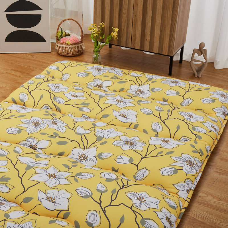 Matelas de futon japonais jaune avec matelas à fleurs et matelas pliant pour lit de camping, Lit double
