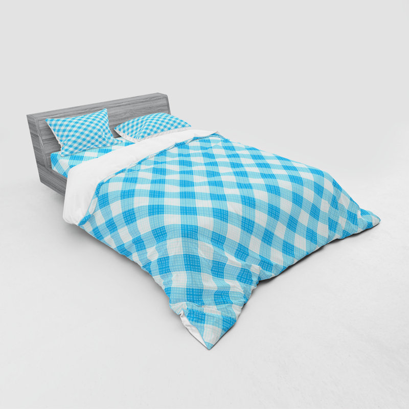Ensemble de housse de couette à carreaux en microfibre bleu / blanc, Housse de couette grand + 3 pièces supplémentair