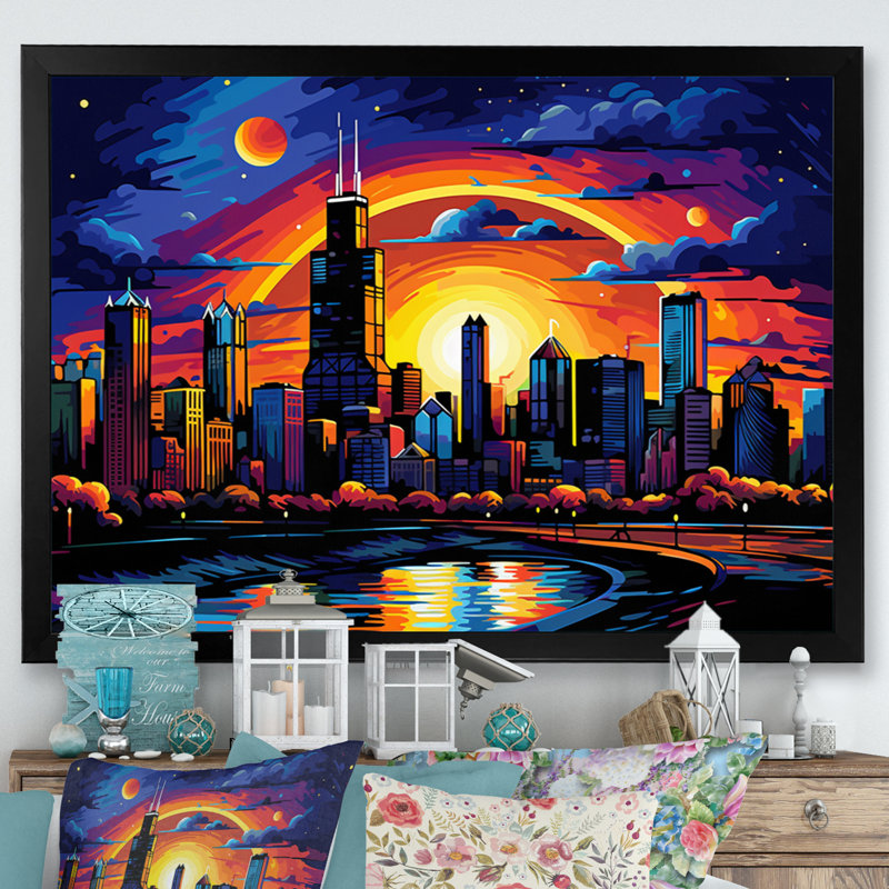 Chicago Popart I sur impression sur toile, Cadre simple noir, H 30 po x l 40 po x P 1,5 po