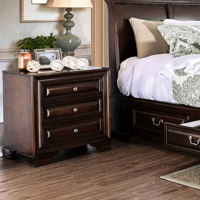 Table de chevet en merisier brun pour chambre à coucher - 3 tiroirs doublés de feutre et prise électrique en bois massif sous le meuble