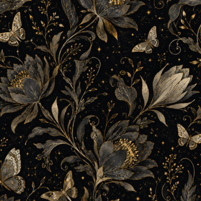 Peel and Stick Wallpaper Dark Floral Black Gold Leaf Bird Moody Vintage Flowers Butterflies Contact Paper Removable Self Adhesive Wall Mural Wall Decor for Bedroom Kitchen Cabinets 17.7in x 118in