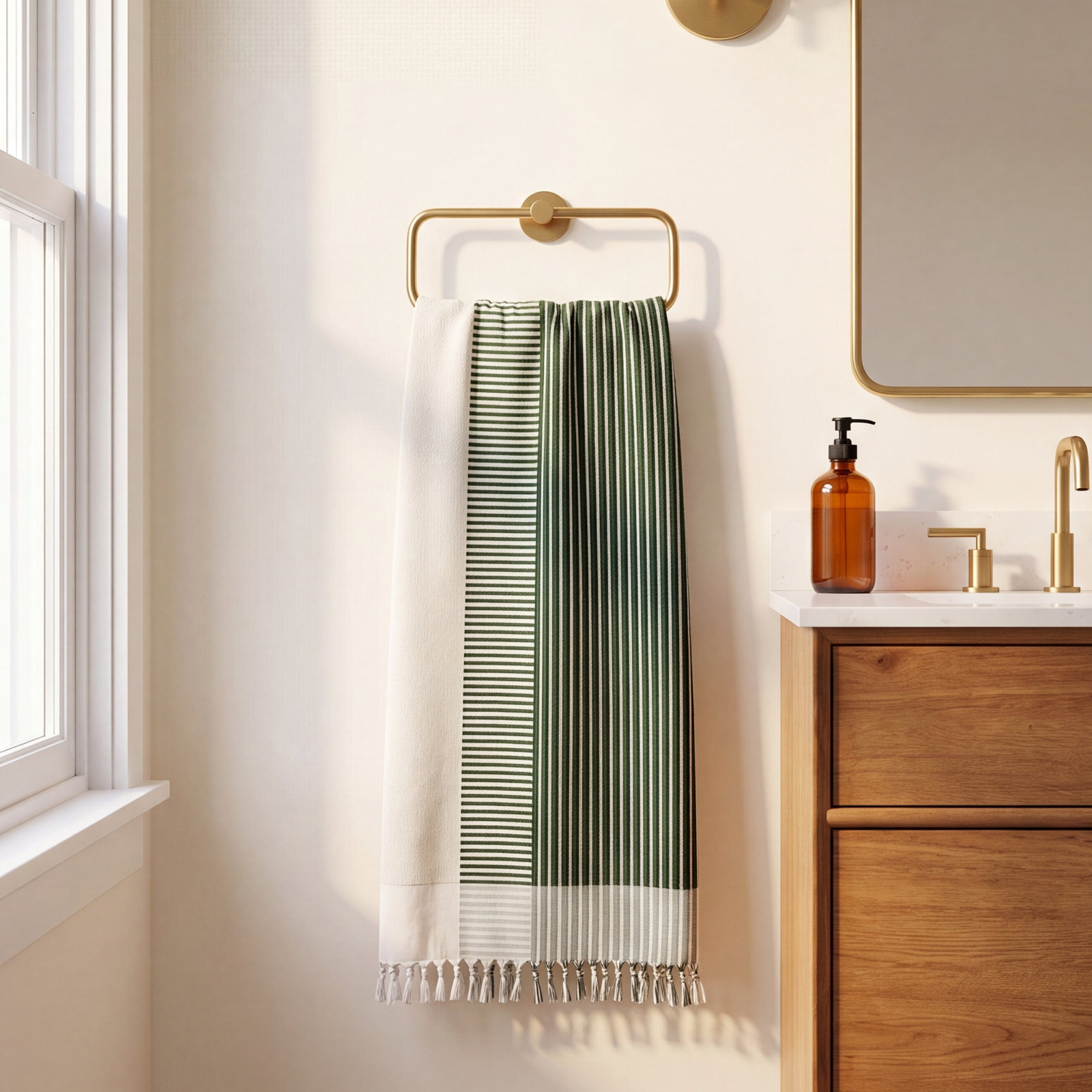 Striped Cotton Beach Towel, Green/Cream Striped