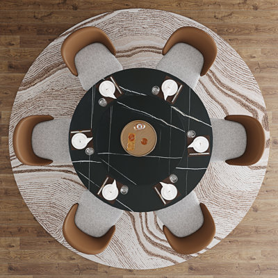 Dining Table Set For 6 Person, 51'' Round Faux Marble Table Top With Lazy Susan And Dining Chairs