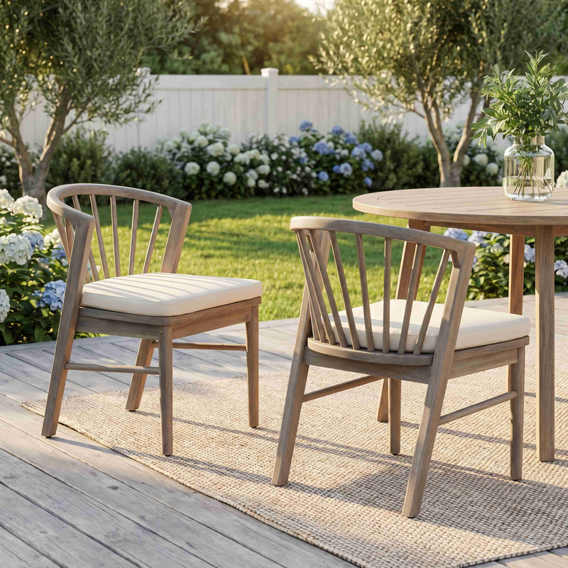 Ensemble de 2 chaises de salle à manger d'extérieur, chaises de patio en bois d'acacia avec coussin lavable crème, pour cour, piscine et jardin