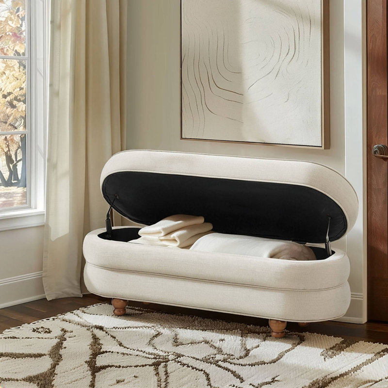 Banc de rangement crème ovale avec pieds en bois