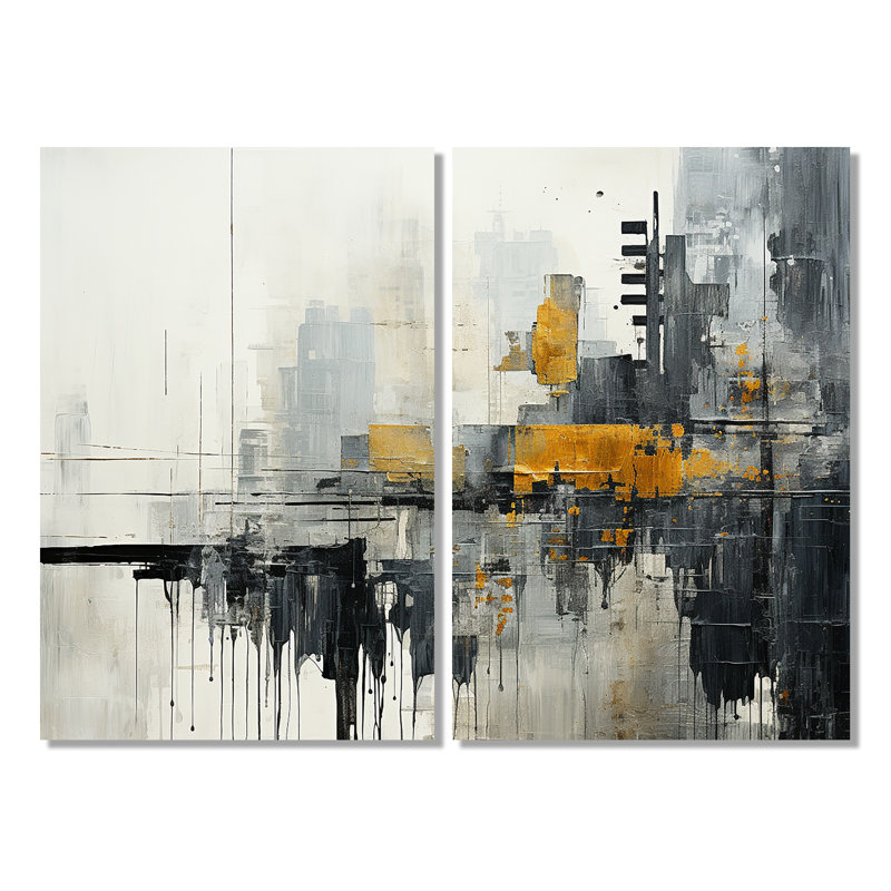 Abstrait paysage urbain III - art mural sur toile jaune 2 panneaux, 36" H x 48" W, Wrapped Canvas, Does Not Apply