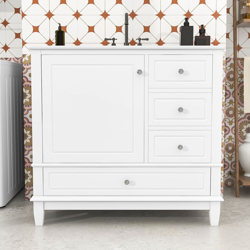 Meuble-lavabo simple contemporain en bois avec comptoir en céramique, 3 tiroirs et rangement pour armoire, Blanc