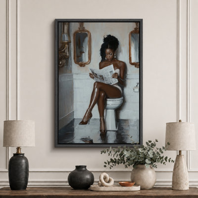 Élégance «Femme glamour lisant un journal, œuvre d'art chic, salle de bain / meuble-lavabo / salle d'eau, peintures murales, impression sur toile numérique encadrée»